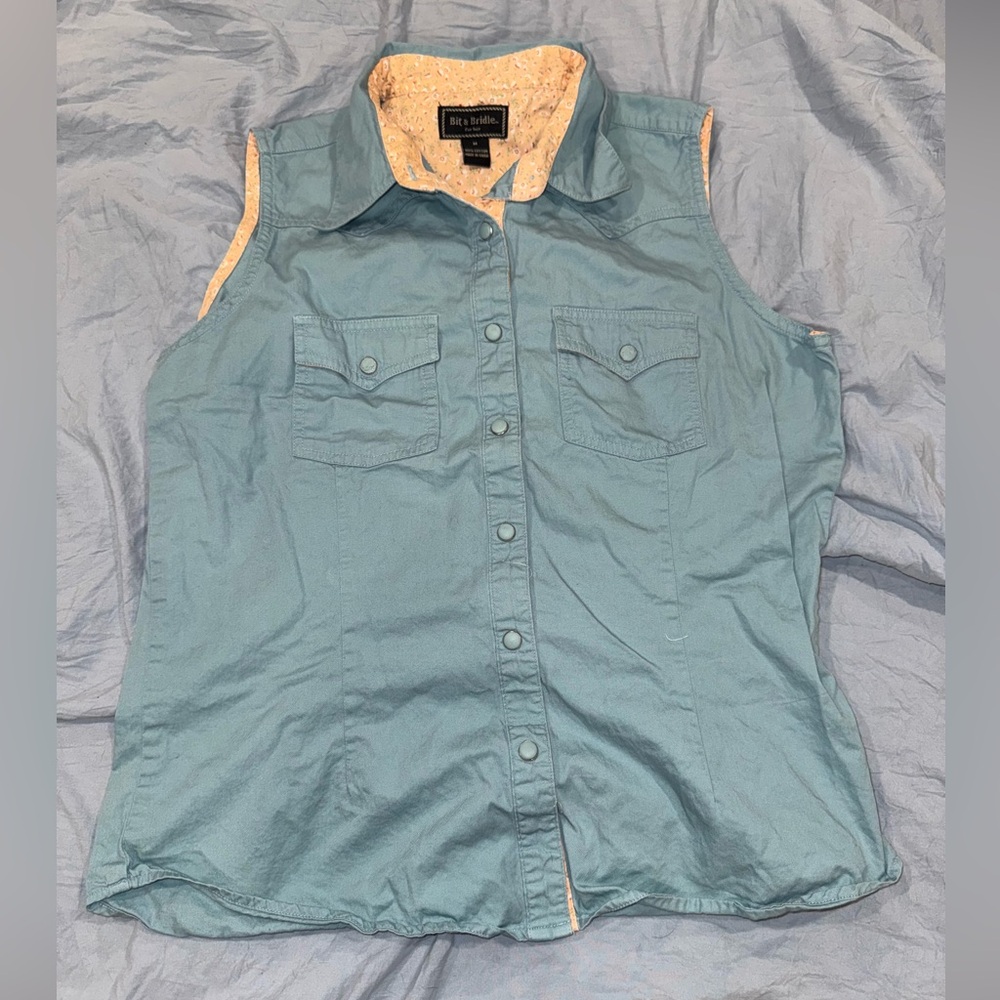 VINTAGE Bit & Bridle Teal Sleeveless Button Down Shirt